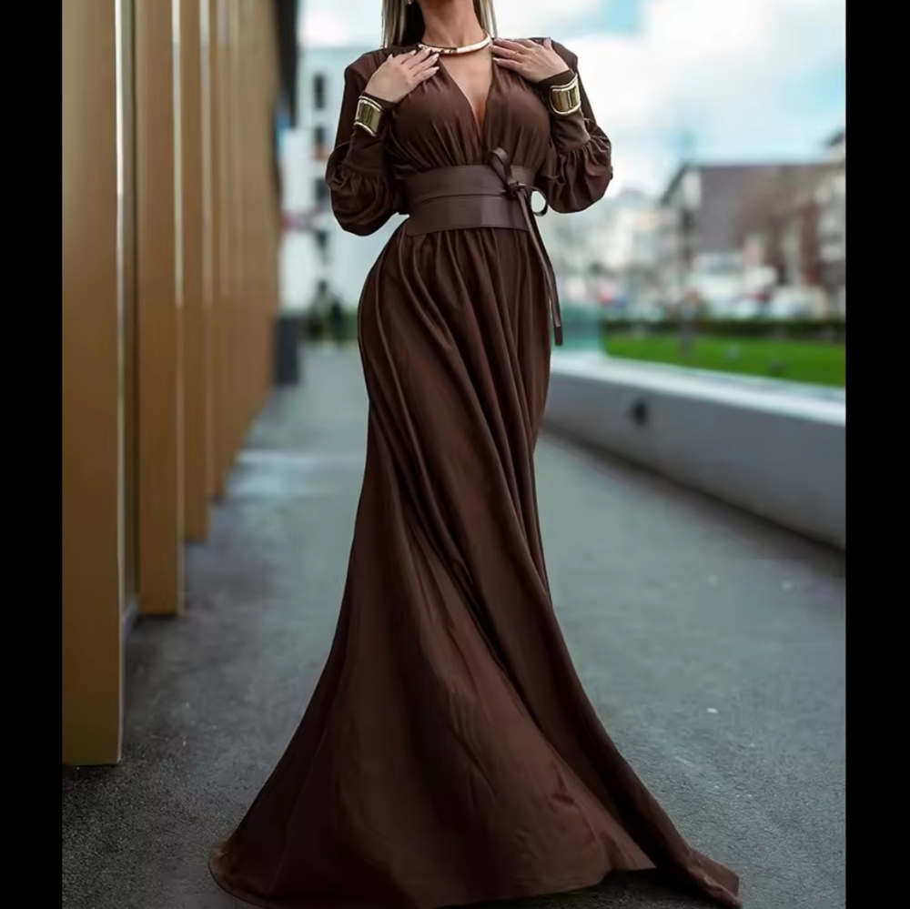 Fashion Dresses For Women Plunging V Neck High Waist Belt Long Sleeves - Picture 2 of 7
